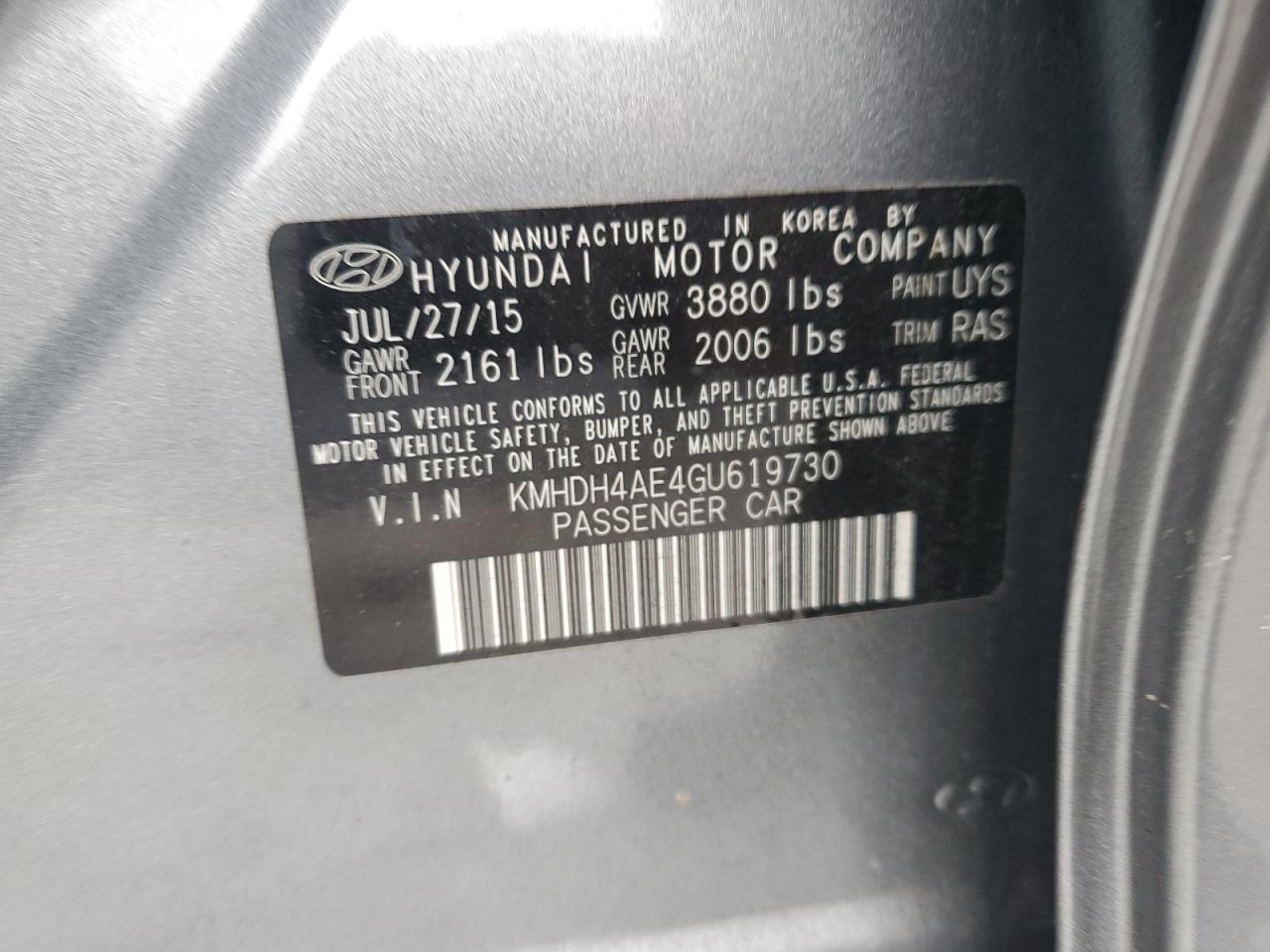 2016 Hyundai Elantra Se VIN: KMHDH4AE4GU619730 Lot: 64023874