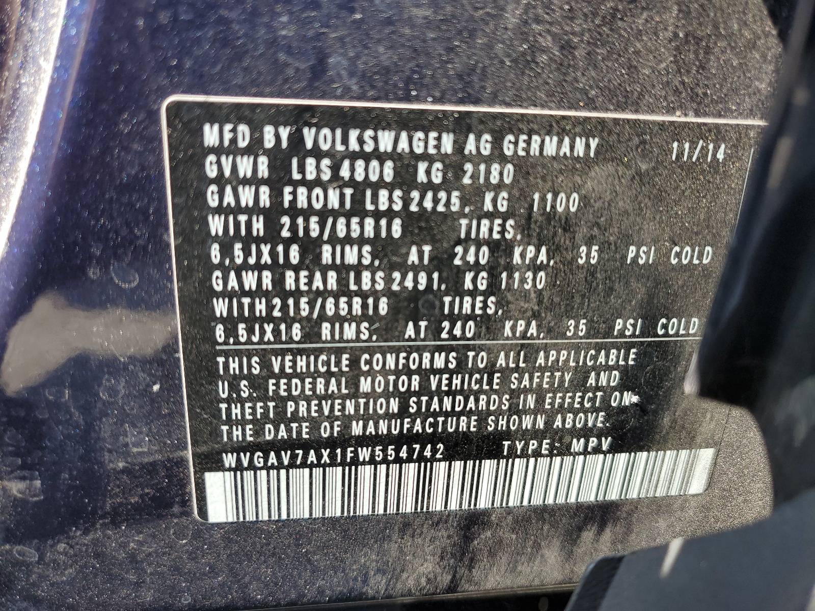 WVGAV7AX1FW554742 2015 Volkswagen Tiguan S
