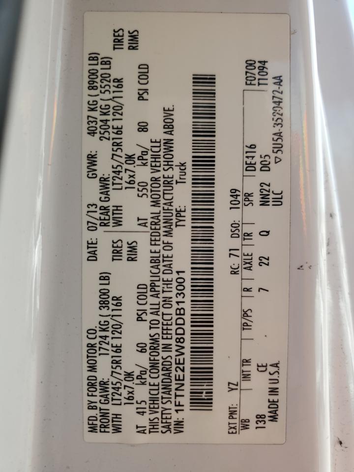 2013 Ford Econoline E250 Van VIN: 1FTNE2EW8DDB13001 Lot: 64039404