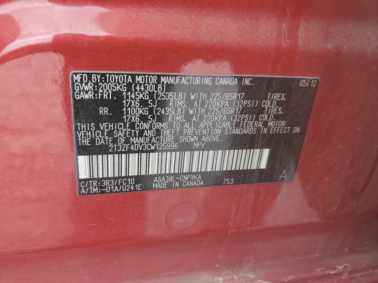 2T3ZF4DV3CW125996 2012 Toyota Rav4