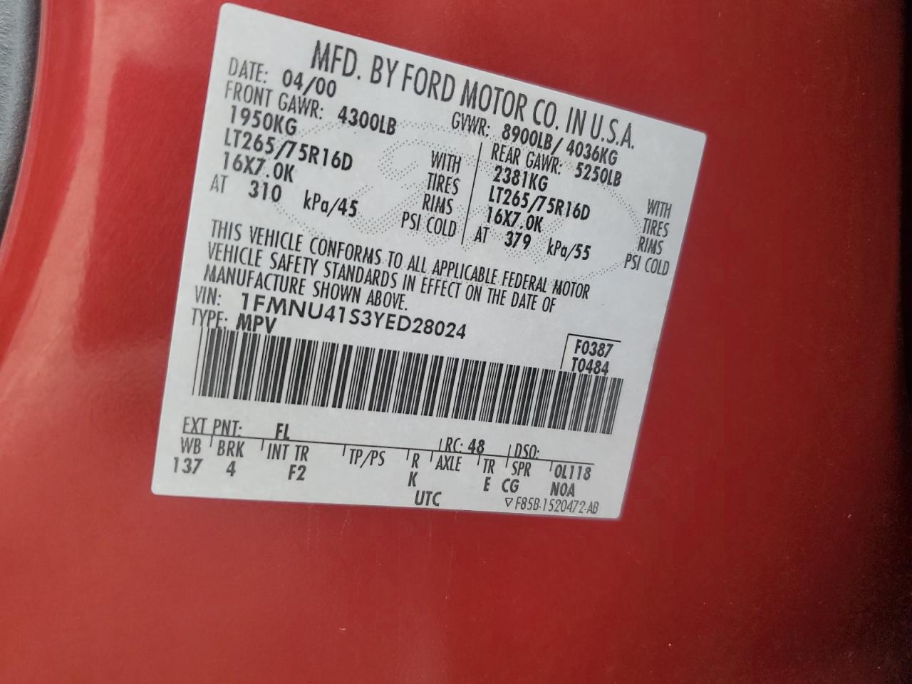 2000 Ford Excursion Xlt VIN: 1FMNU41S3YED28024 Lot: 64357664