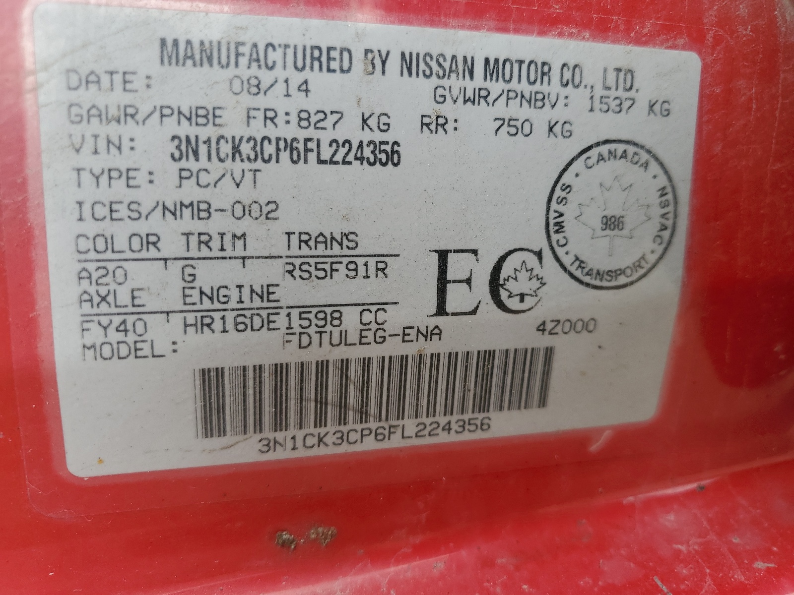 3N1CK3CP6FL224356 2015 Nissan Micra