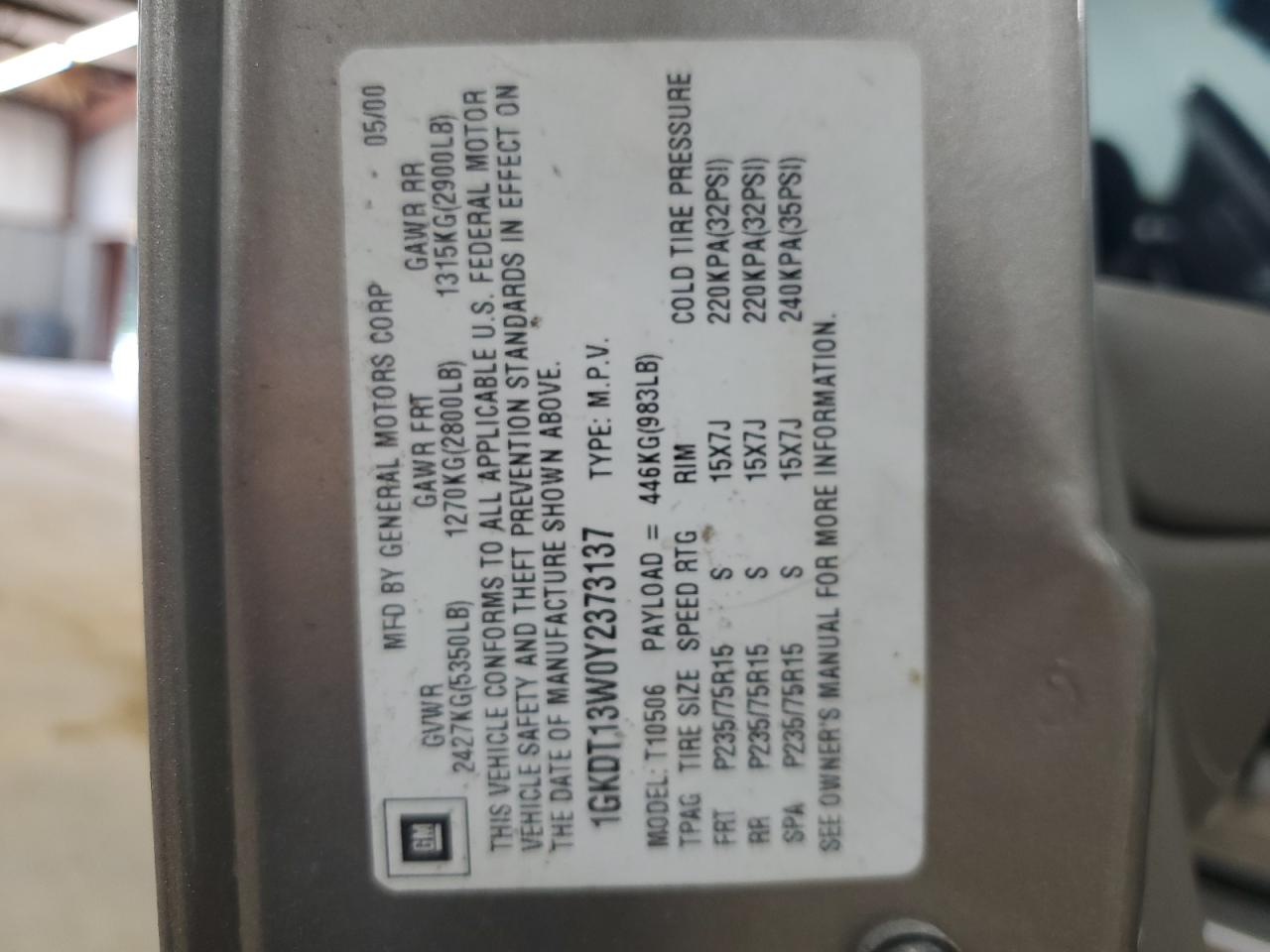 2000 GMC Jimmy / Envoy VIN: 1GKDT13W0Y2373137 Lot: 62107834