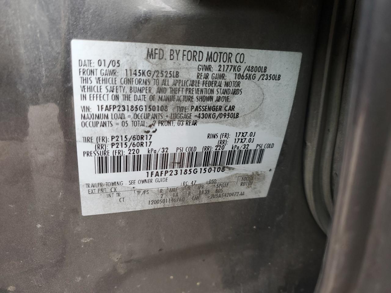 1FAFP23185G150108 2005 Ford Five Hundred Se