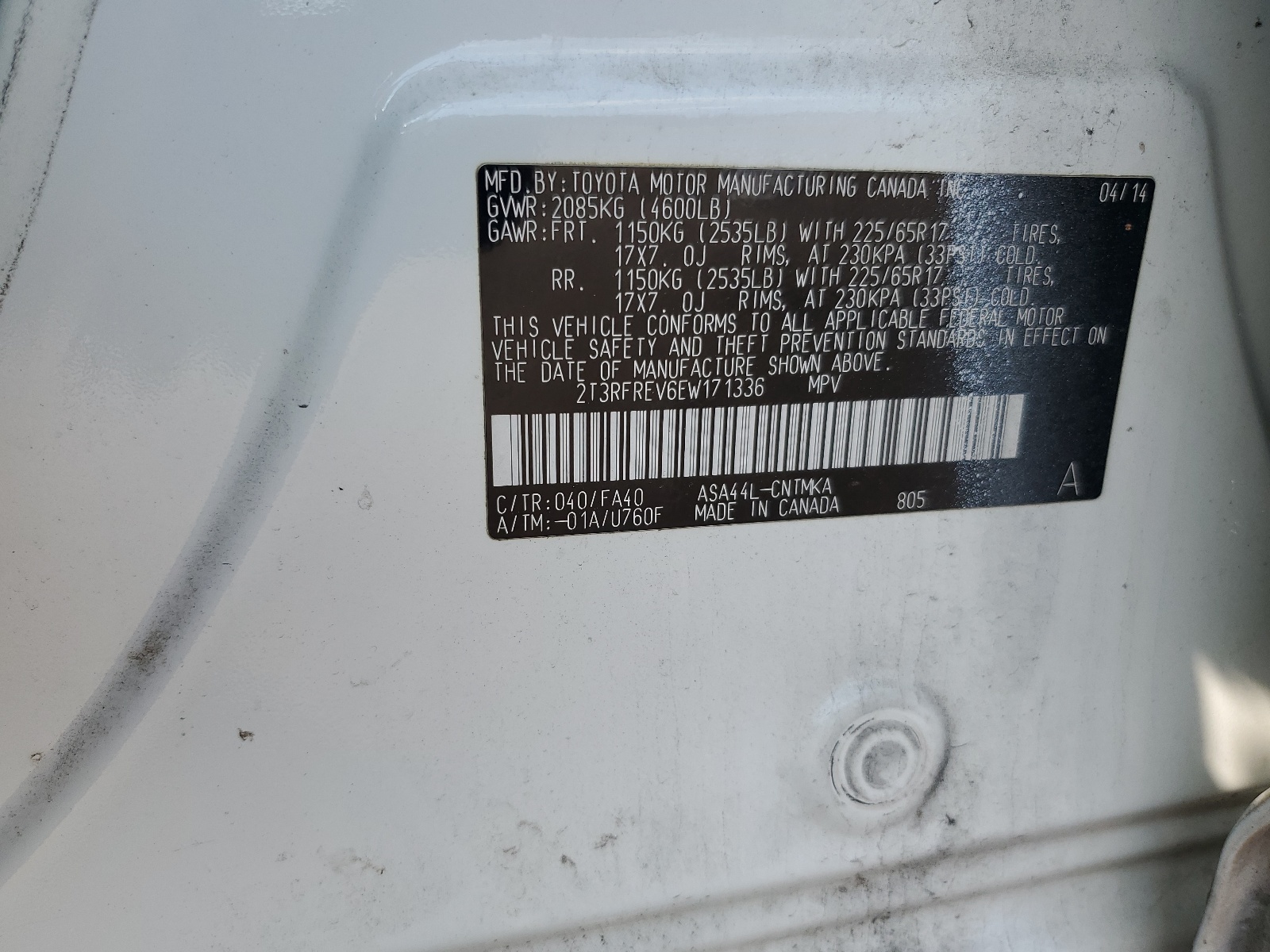 2T3RFREV6EW171336 2014 Toyota Rav4 Xle