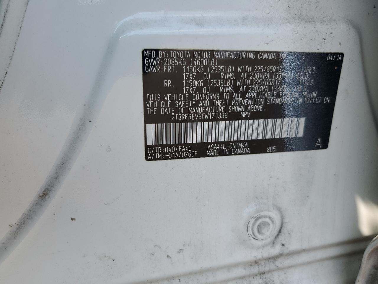 2014 Toyota Rav4 Xle VIN: 2T3RFREV6EW171336 Lot: 64079484