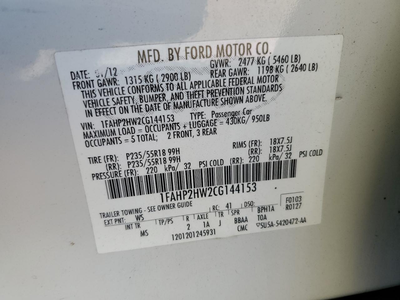 2012 Ford Taurus Sel VIN: 1FAHP2HW2CG144153 Lot: 63384954