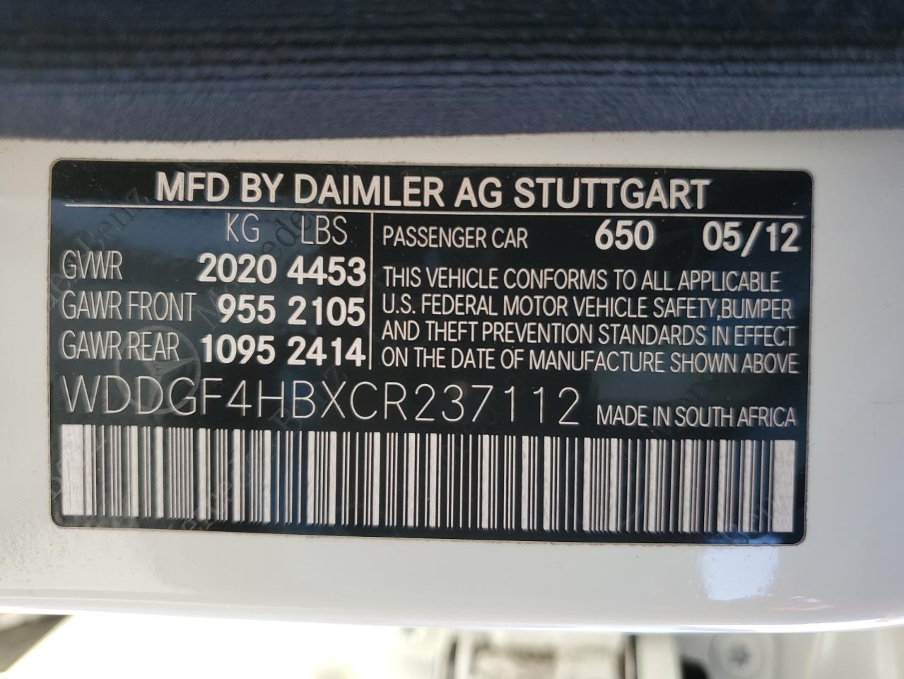 2012 Mercedes-Benz C 250 VIN: WDDGF4HBXCR237112 Lot: 63917904