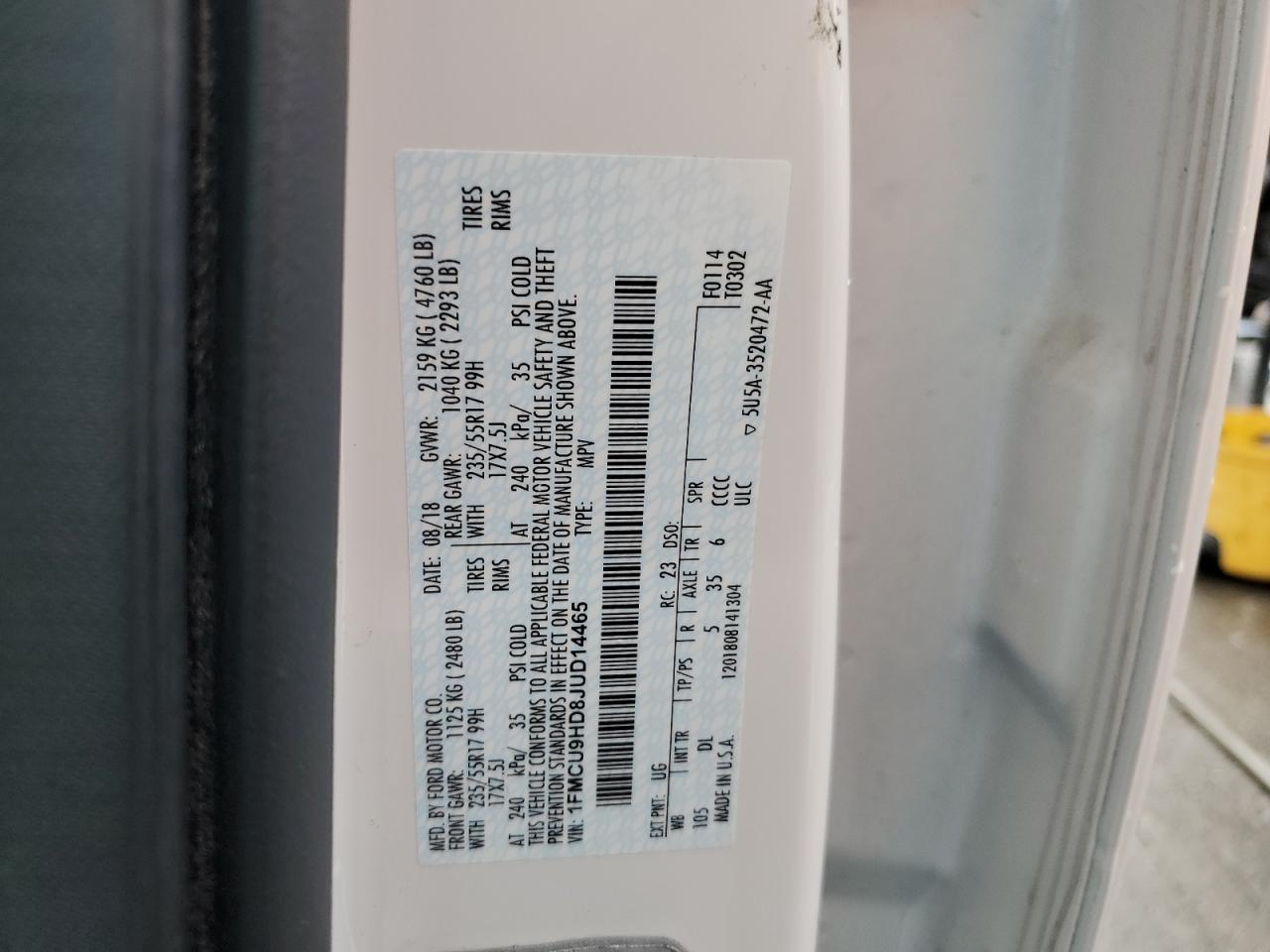 2018 Ford Escape Sel VIN: 1FMCU9HD8JUD14465 Lot: 64779104