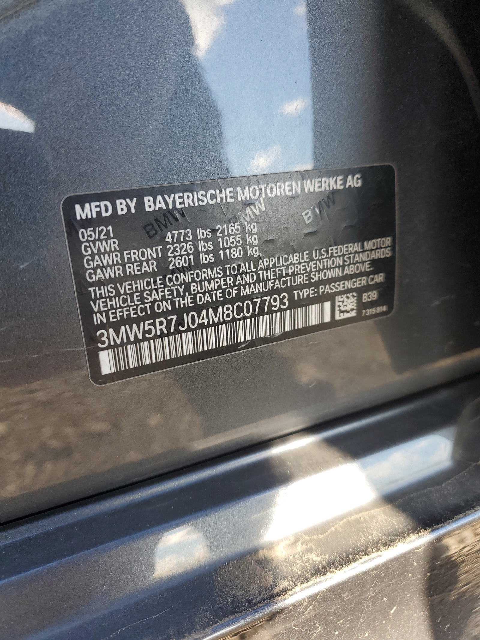 3MW5R7J04M8C07793 2021 BMW 330Xi