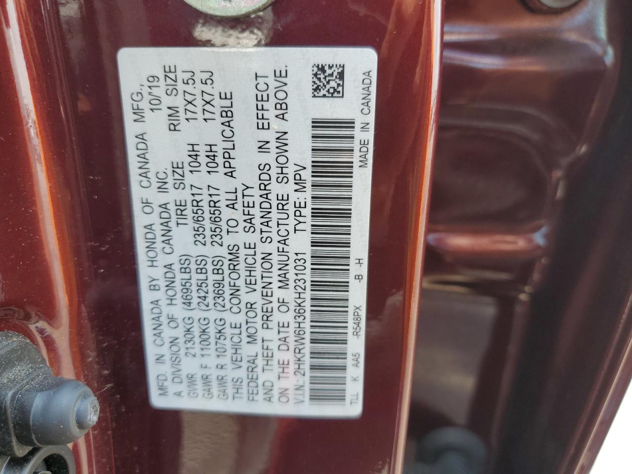 2019 Honda Cr-V Lx VIN: 2HKRW6H36KH231031 Lot: 61811804