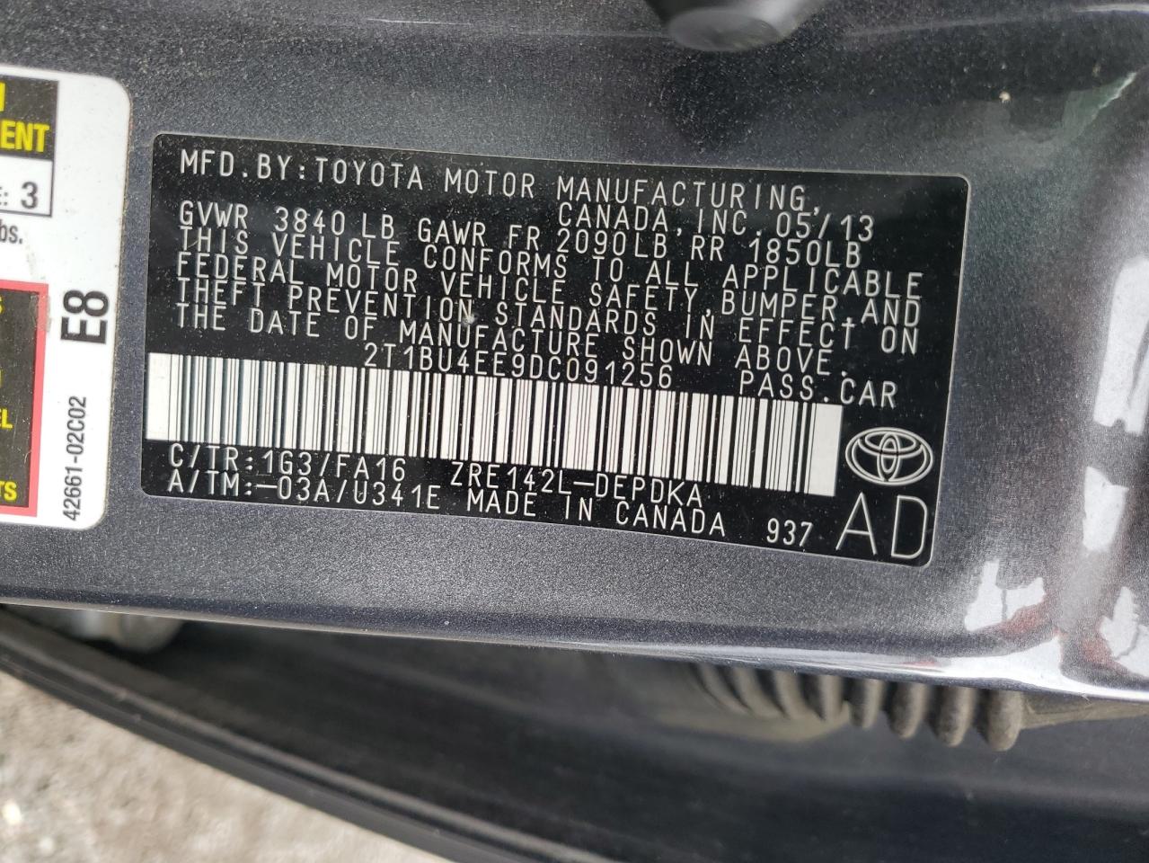 2T1BU4EE9DC091256 2013 Toyota Corolla Base