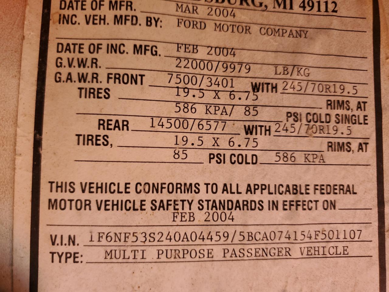 2004 Ford F550 Super Duty Stripped Chassis VIN: 1F6NF53S240A04459 Lot: 61743264