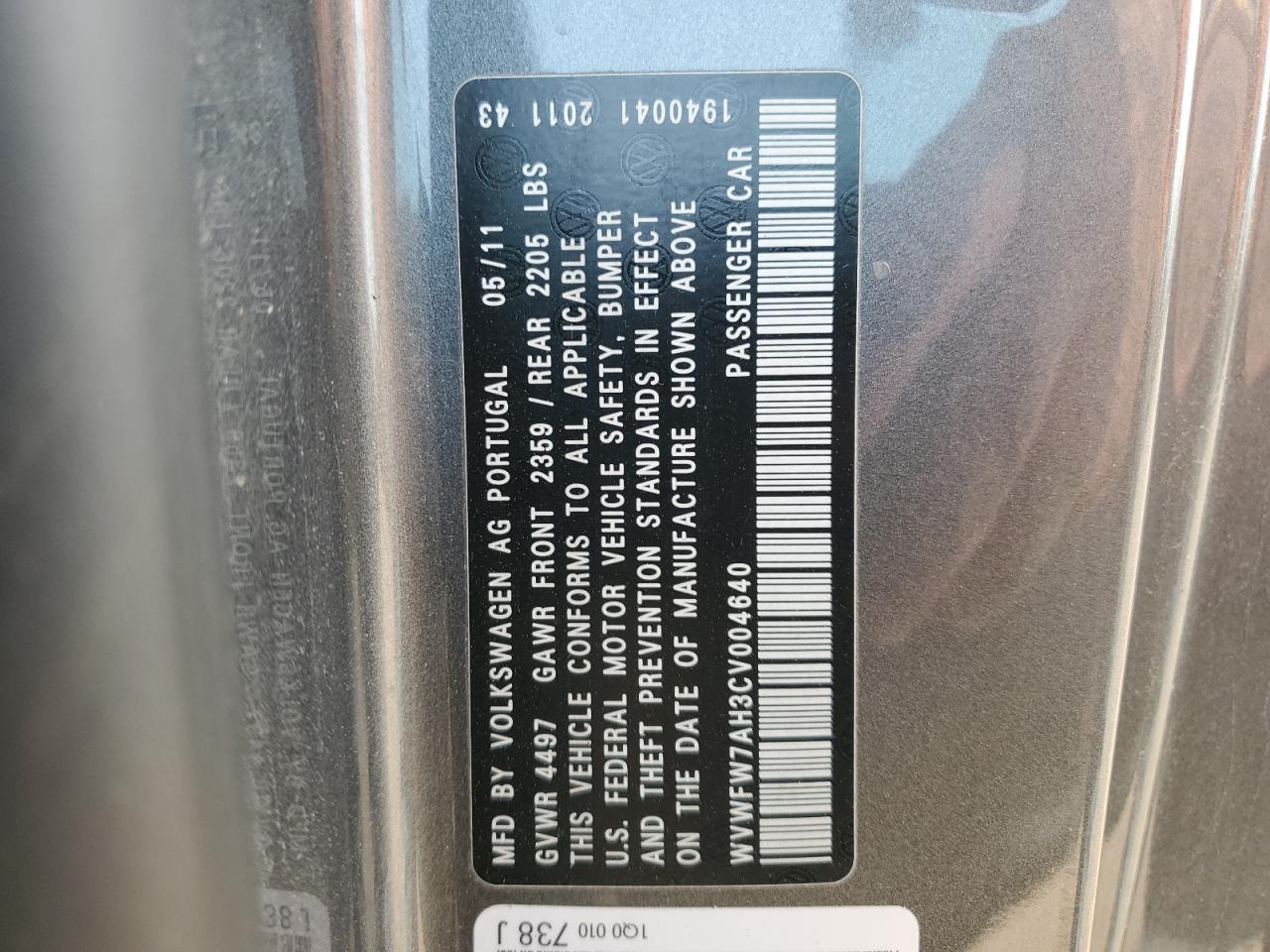 2012 Volkswagen Eos Lux VIN: WVWFW7AH3CV004640 Lot: 64415444