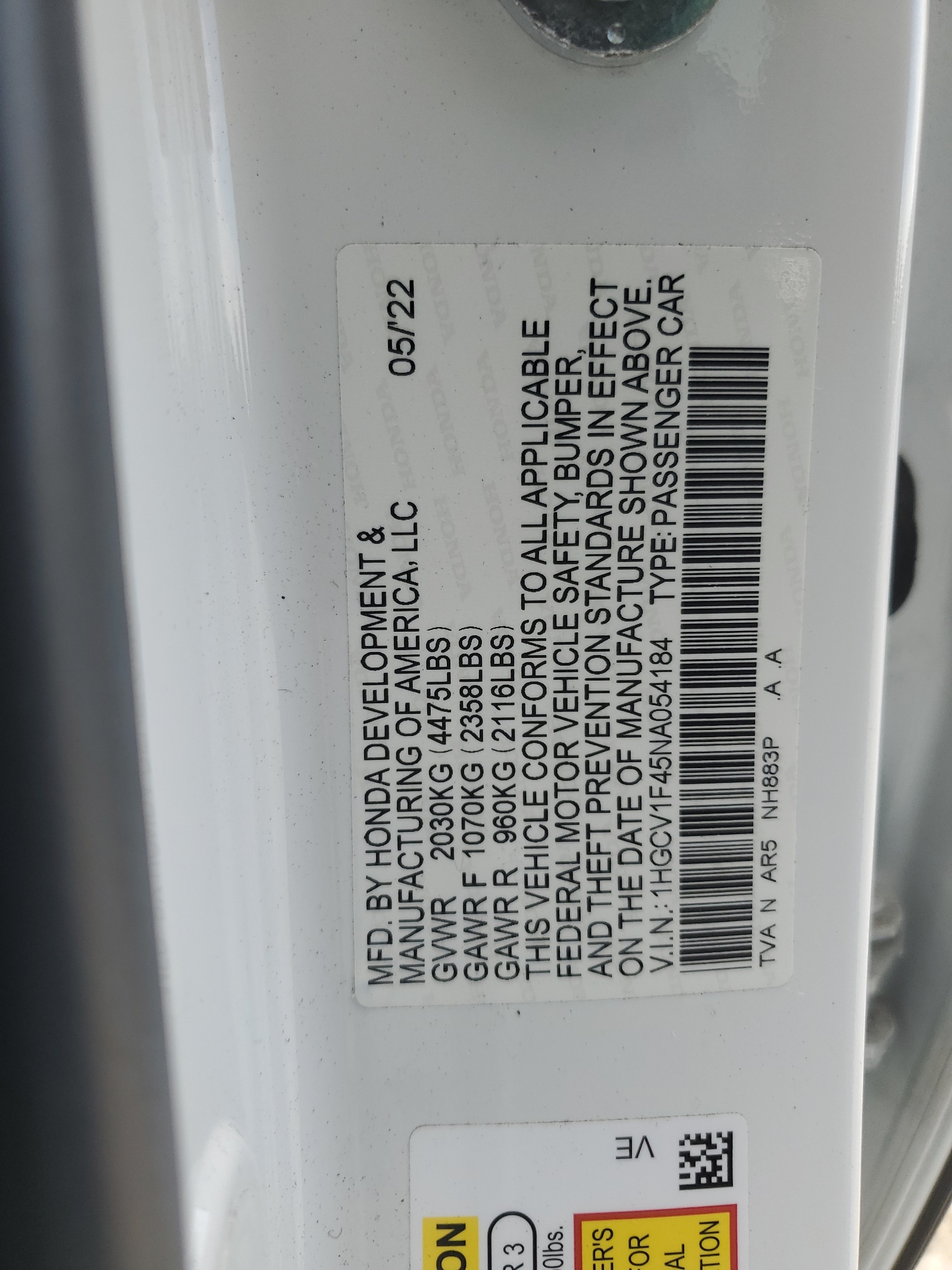 1HGCV1F45NA054184 2022 Honda Accord Sport Se