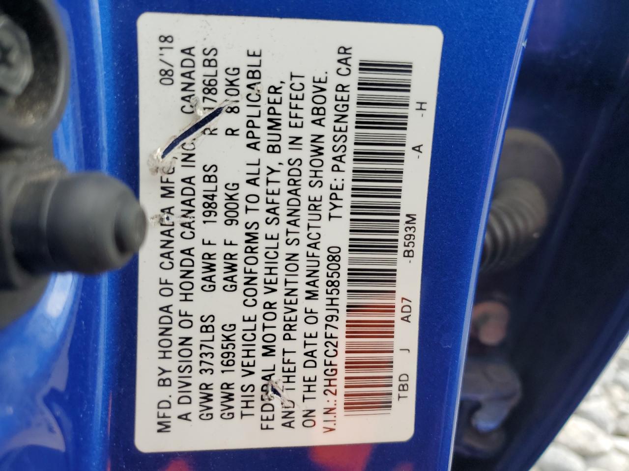 2HGFC2F79JH585080 2018 Honda Civic Ex