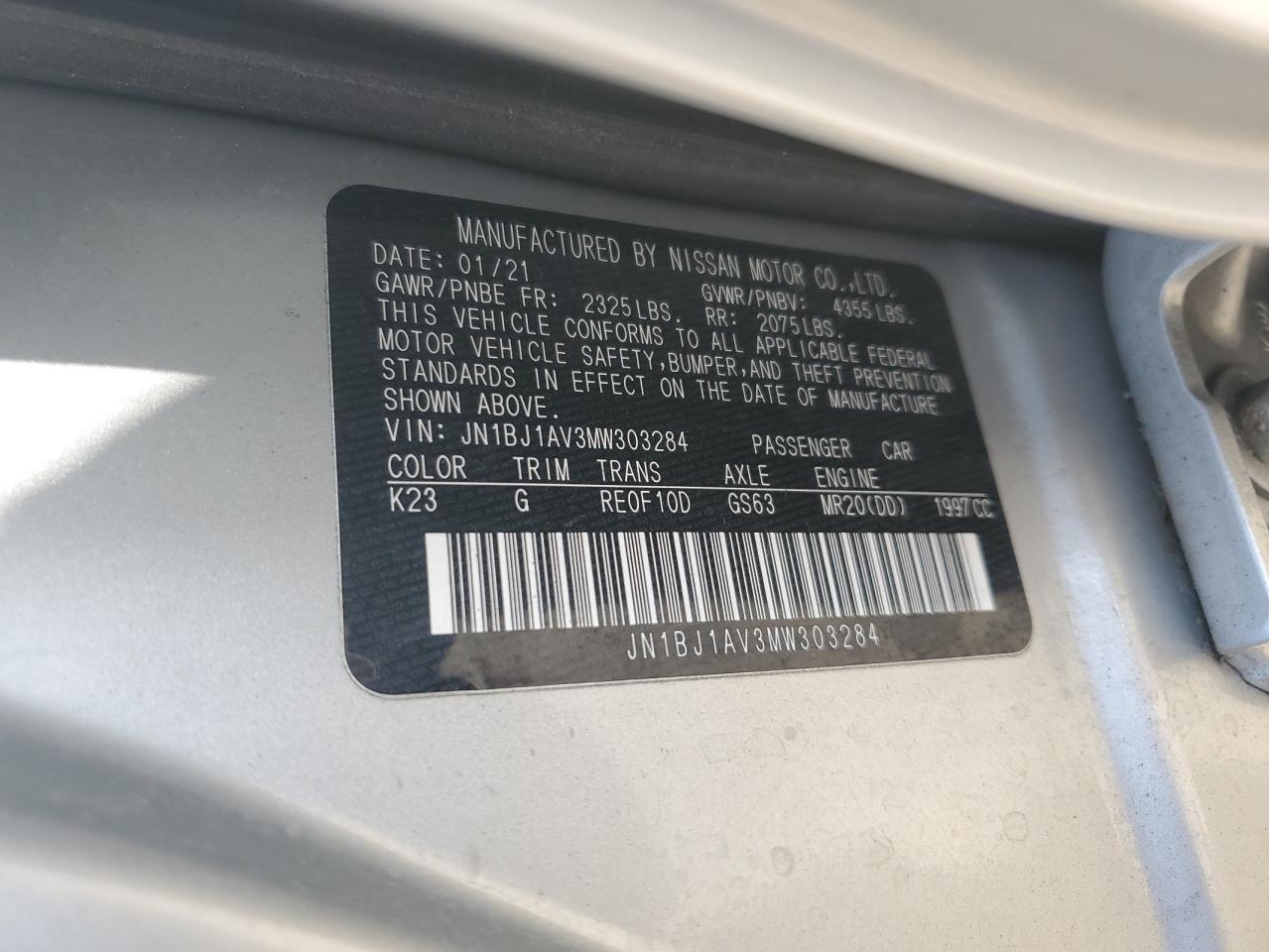 2021 Nissan Rogue Sport S VIN: JN1BJ1AV3MW303284 Lot: 65590944