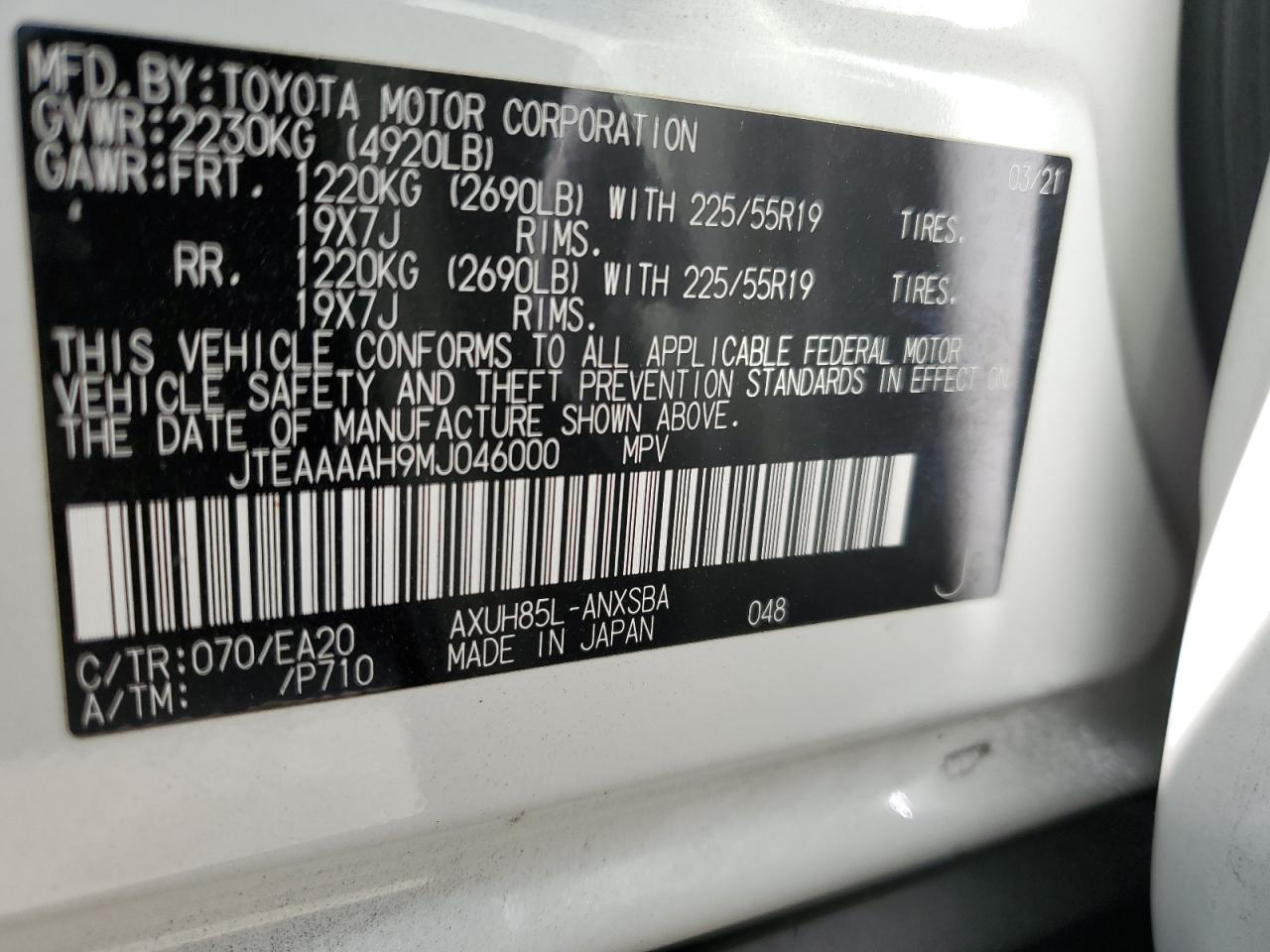 2021 Toyota Venza Le VIN: JTEAAAAH9MJ046000 Lot: 63923524