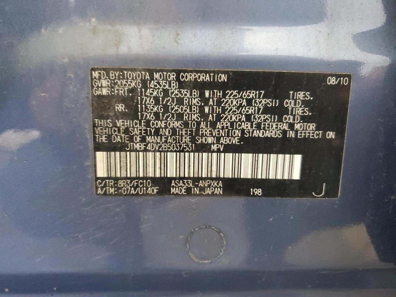 2011 Toyota Rav4 VIN: JTMBF4DV2B5037531 Lot: 61672004