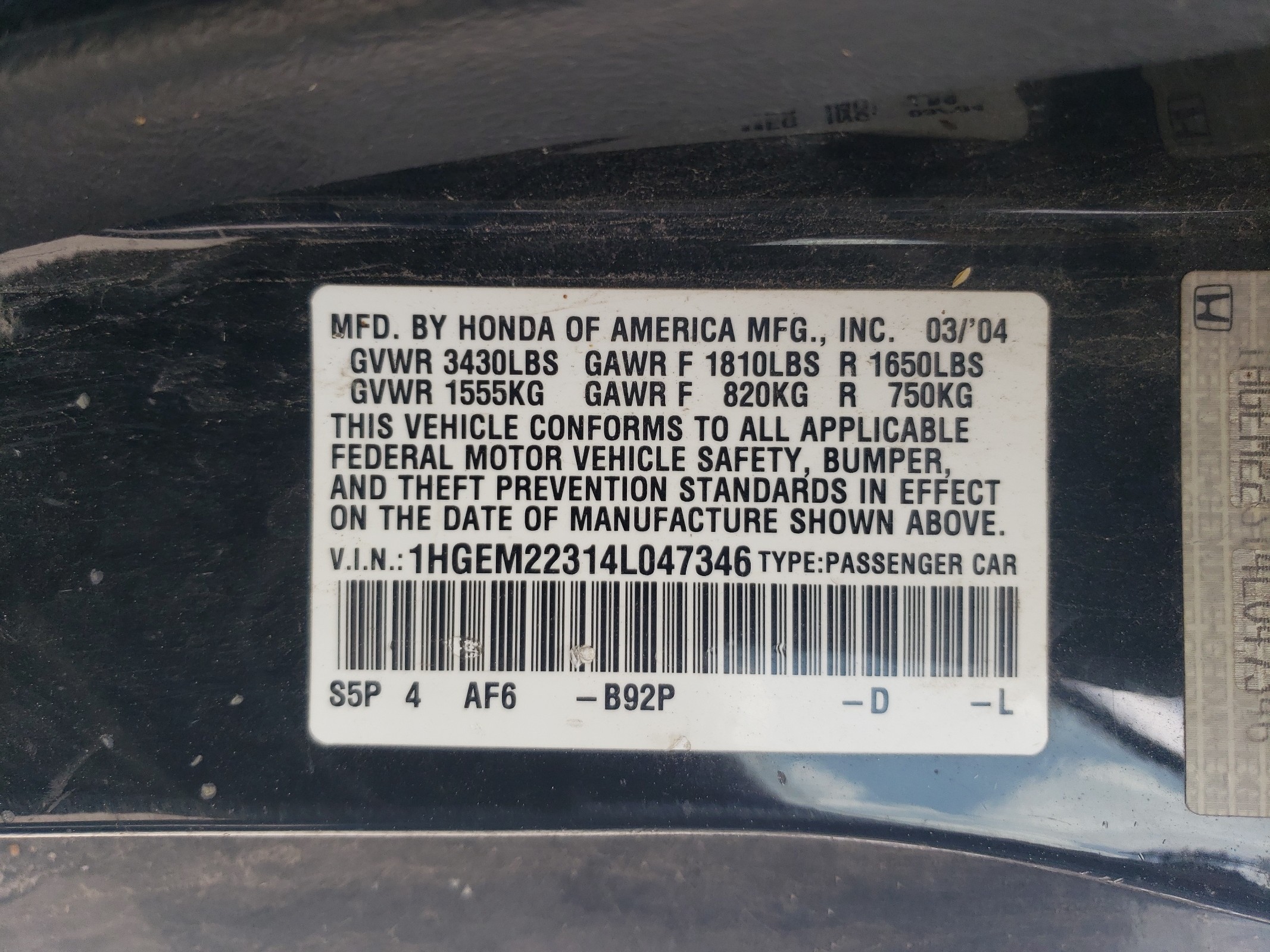 1HGEM22314L047346 2004 Honda Civic Dx Vp