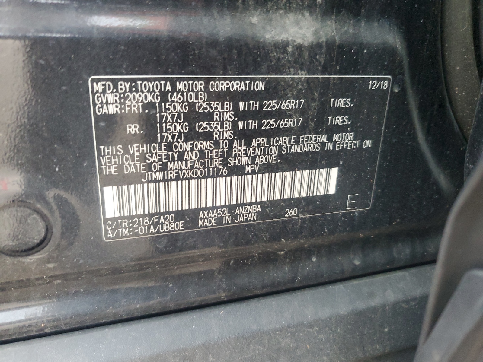 JTMW1RFVXKD011176 2019 Toyota Rav4 Xle