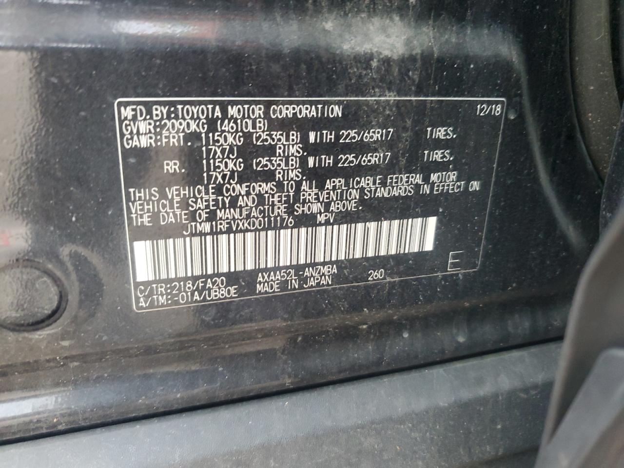 2019 Toyota Rav4 Xle VIN: JTMW1RFVXKD011176 Lot: 63483304