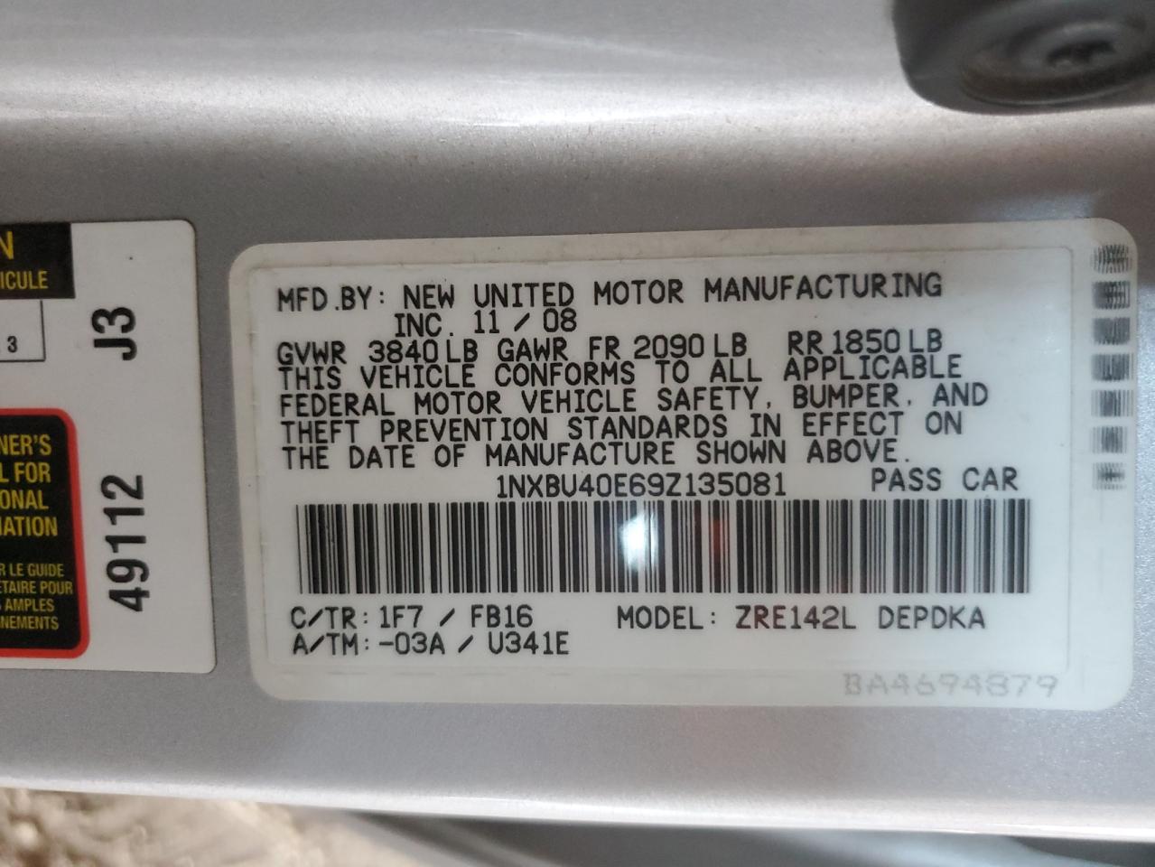 2009 Toyota Corolla Base VIN: 1NXBU40E69Z135081 Lot: 63848724