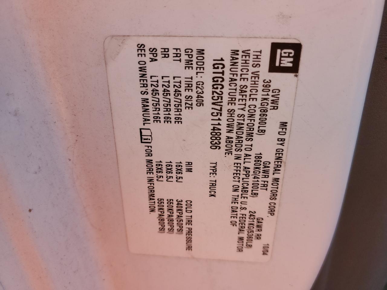 2005 GMC Savana G2500 VIN: 1GTGG25V751148836 Lot: 62402054