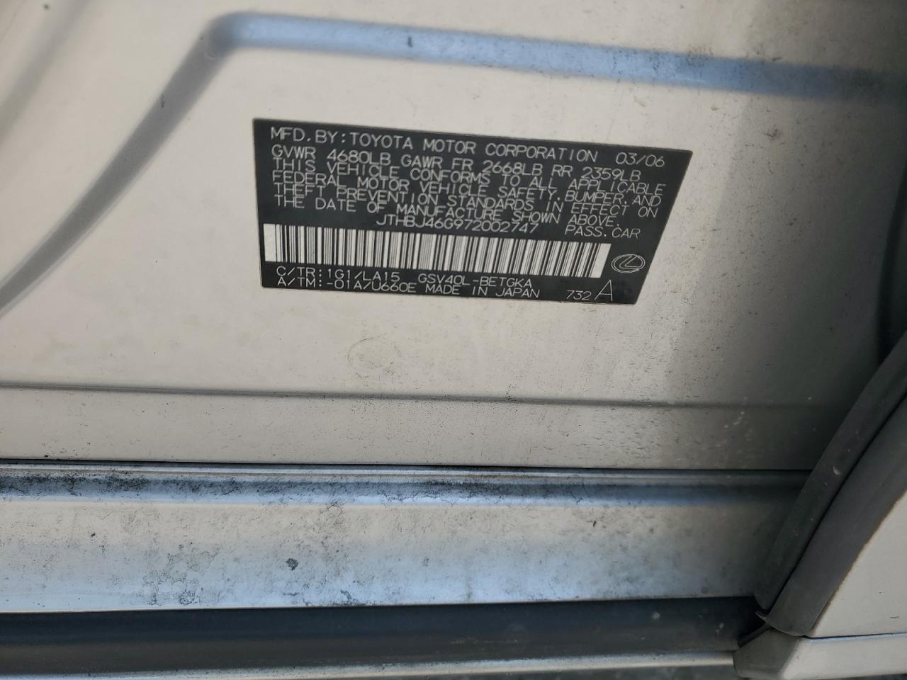 2007 Lexus Es 350 VIN: JTHBJ46G972002747 Lot: 62947914