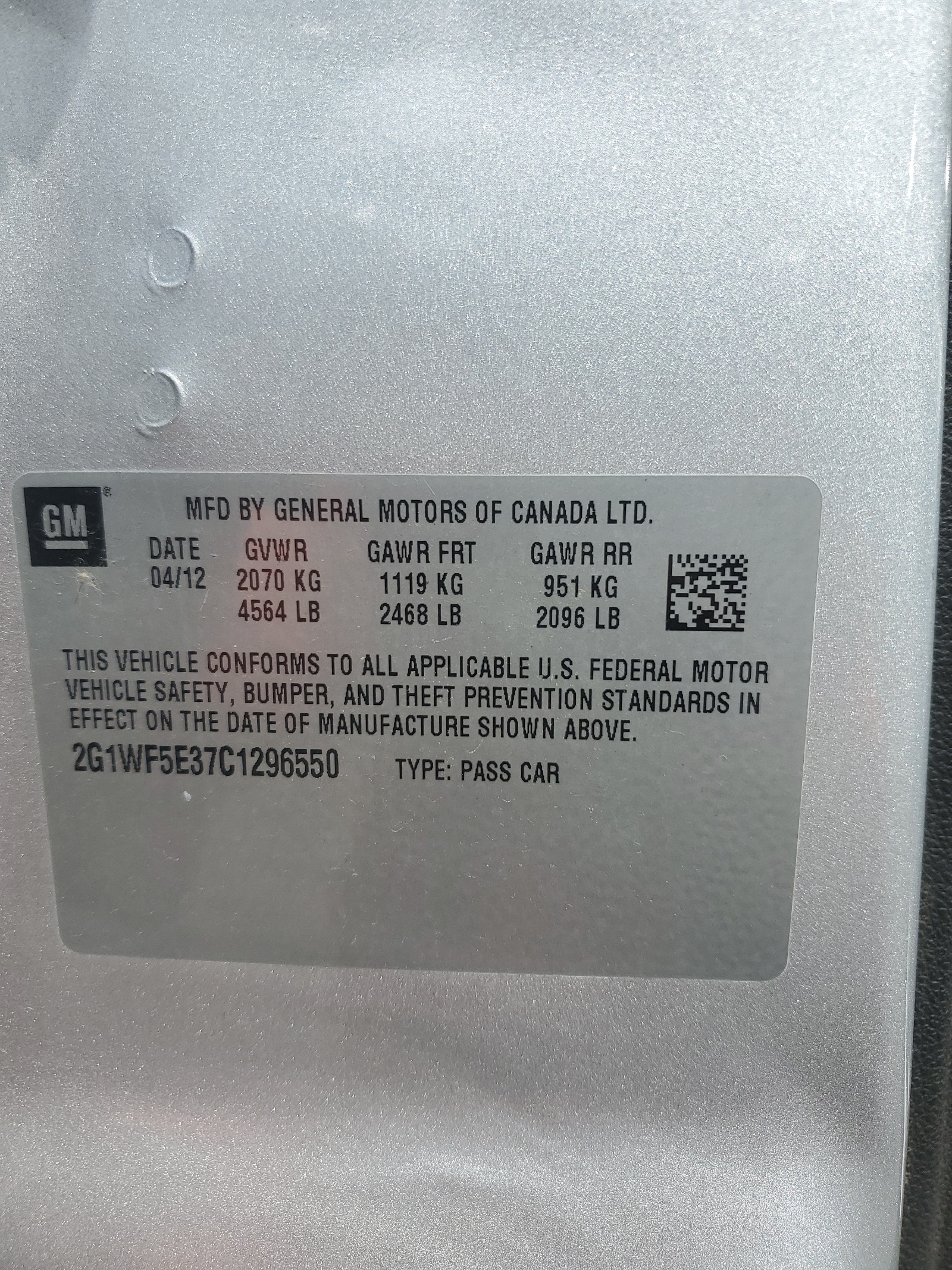 2G1WF5E37C1296550 2012 Chevrolet Impala Ls