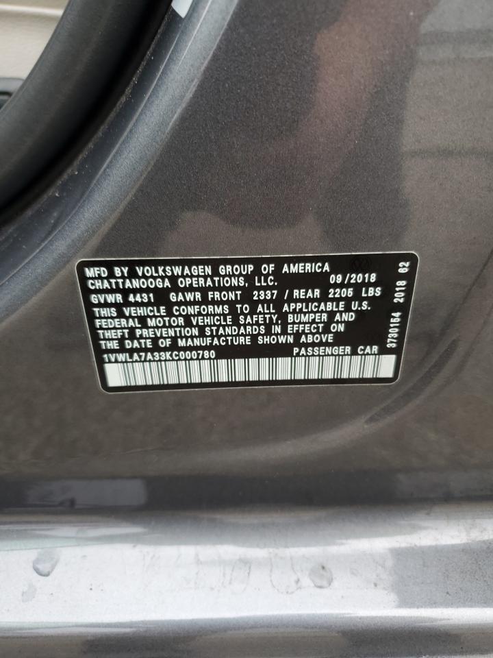 2019 Volkswagen Passat Wolfsburg VIN: 1VWLA7A33KC000780 Lot: 64346914