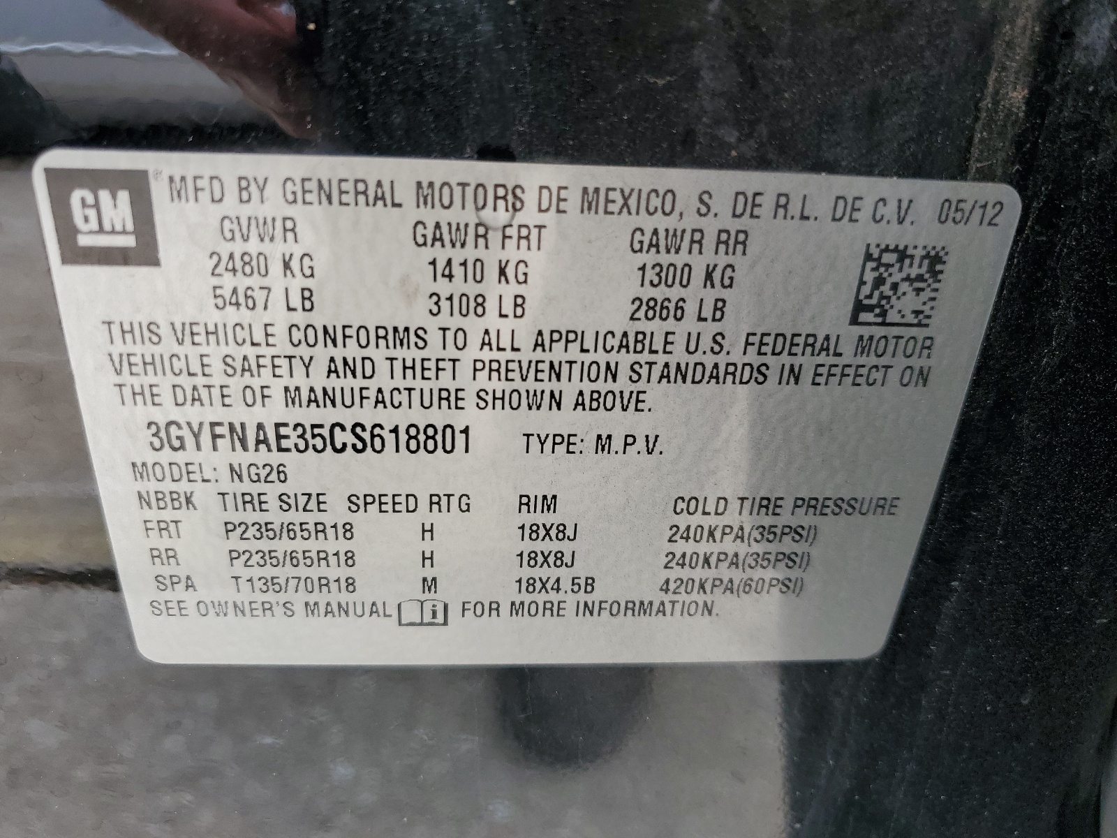 3GYFNAE35CS618801 2012 Cadillac Srx Luxury Collection