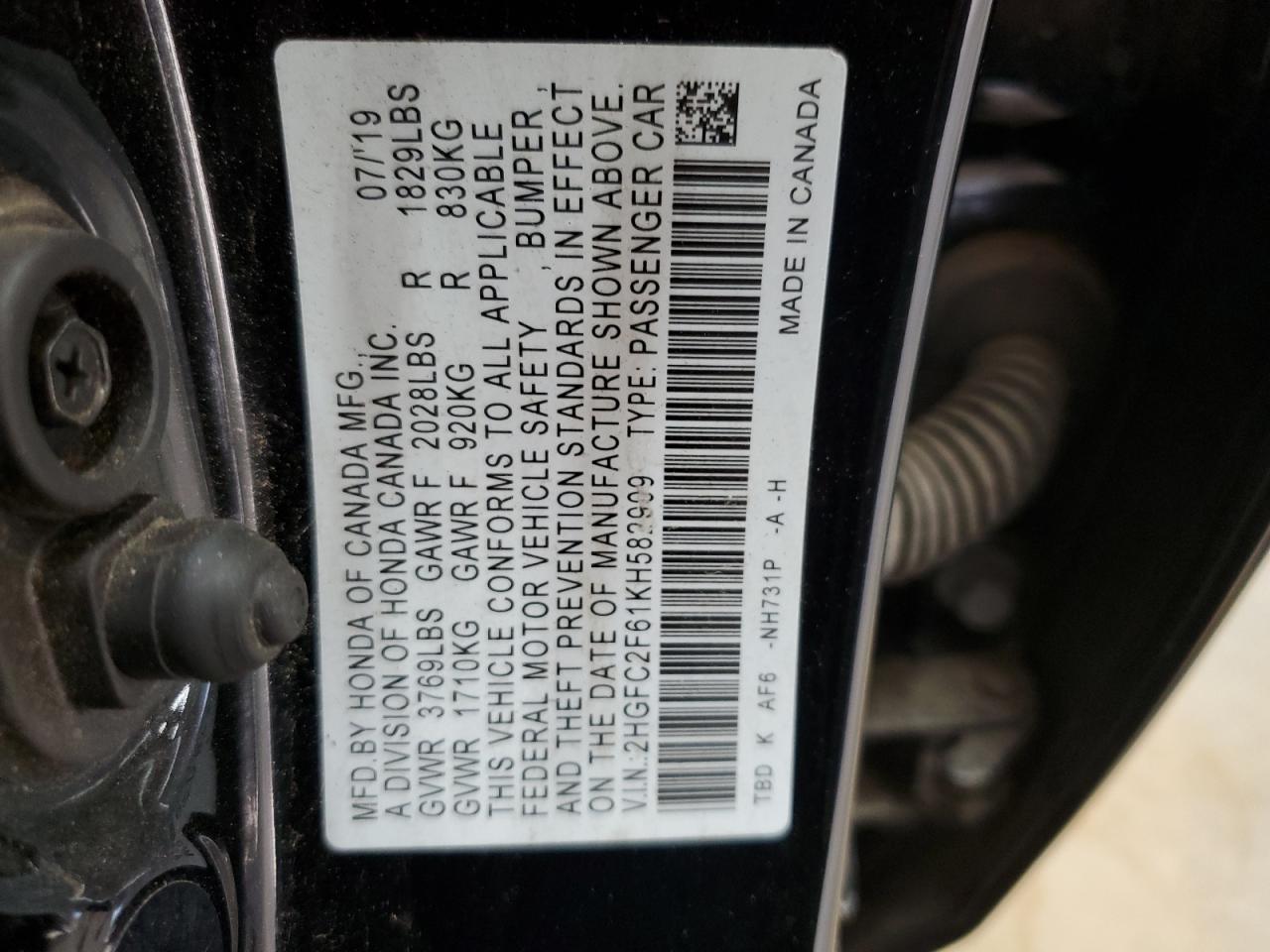 2HGFC2F61KH582909 2019 Honda Civic Lx