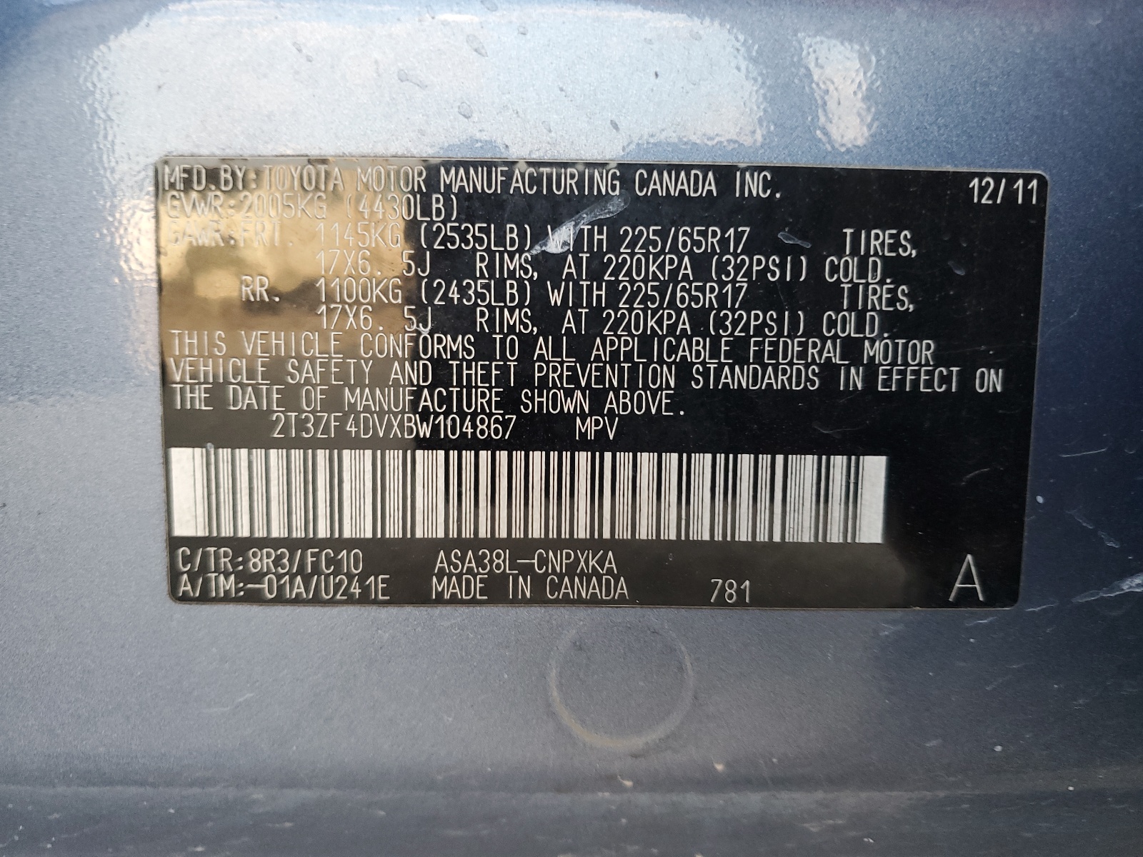 2T3ZF4DVXBW104867 2011 Toyota Rav4