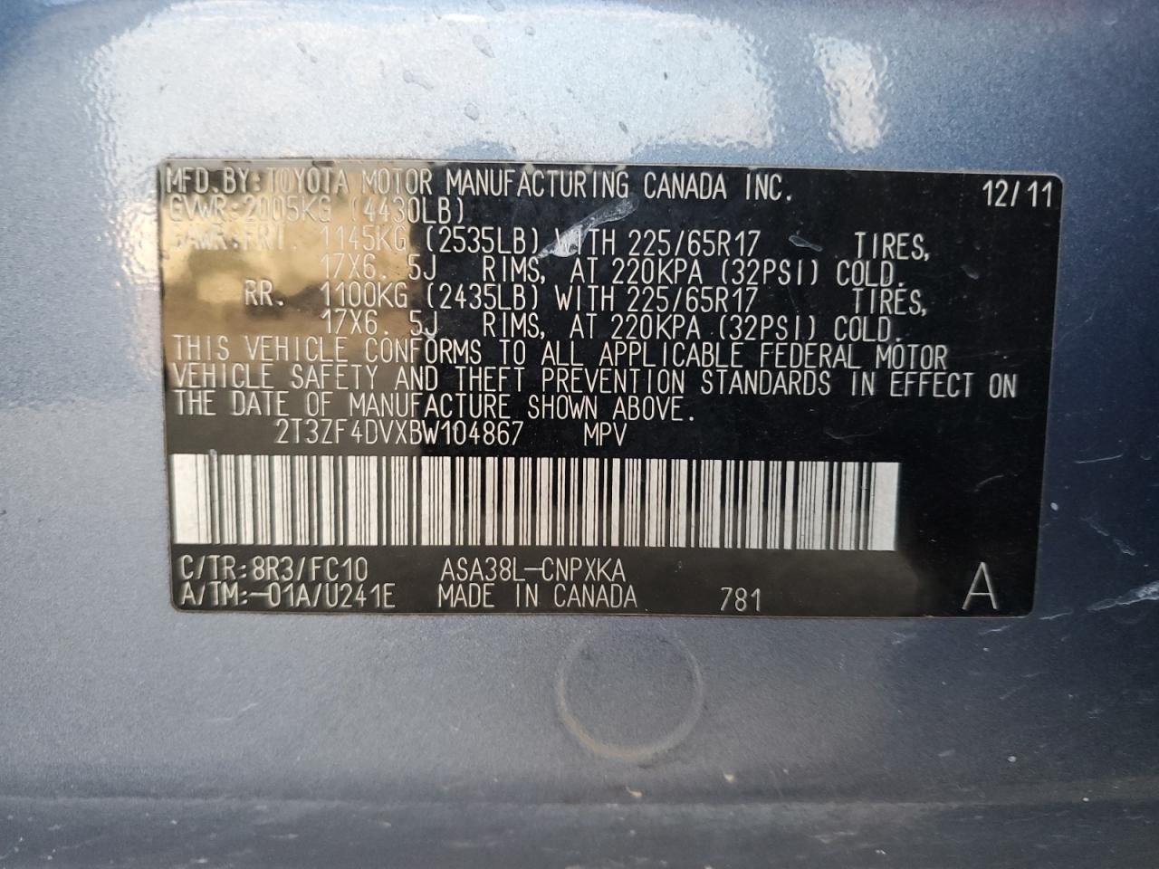 2011 Toyota Rav4 VIN: 2T3ZF4DVXBW104867 Lot: 62299214