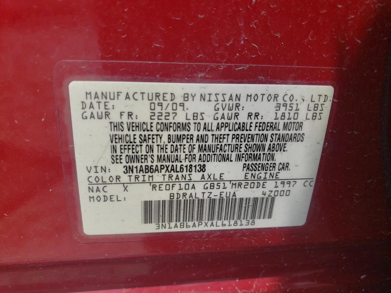 2010 Nissan Sentra 2.0 VIN: 3N1AB6APXAL618138 Lot: 65266844