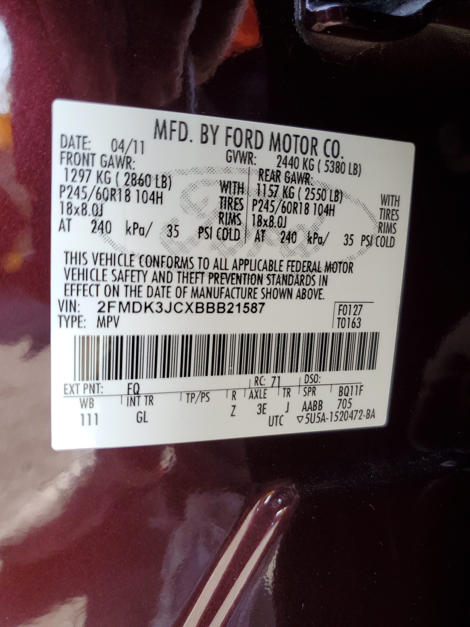 2FMDK3JCXBBB21587 2011 Ford Edge Sel