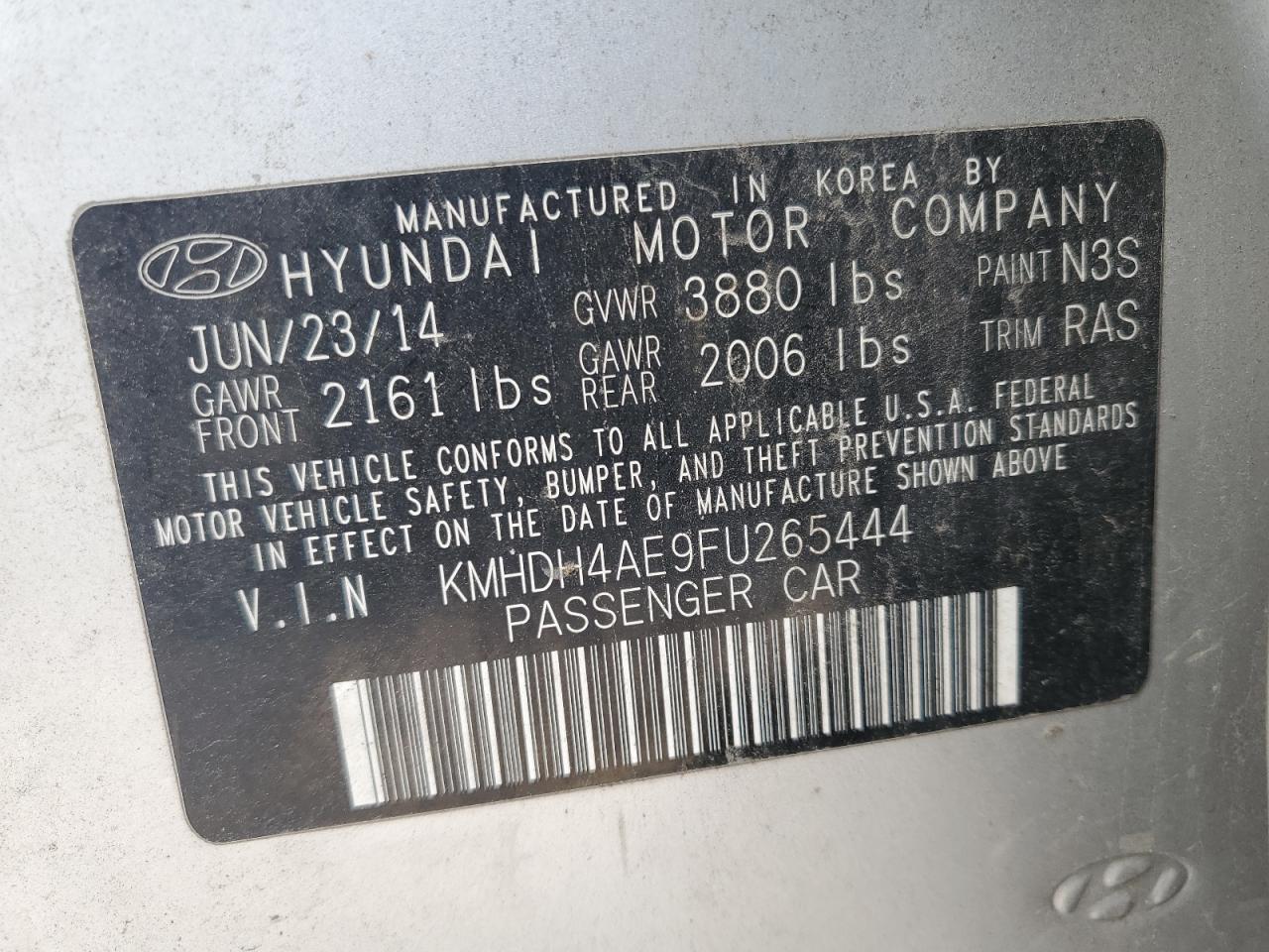 KMHDH4AE9FU265444 2015 Hyundai Elantra Se