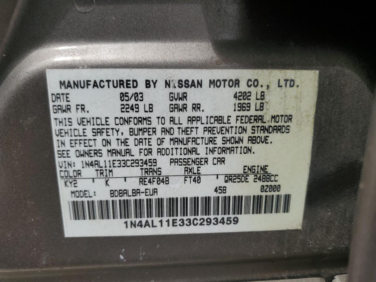 2003 Nissan Altima Base VIN: 1N4AL11E33C293459 Lot: 63813584