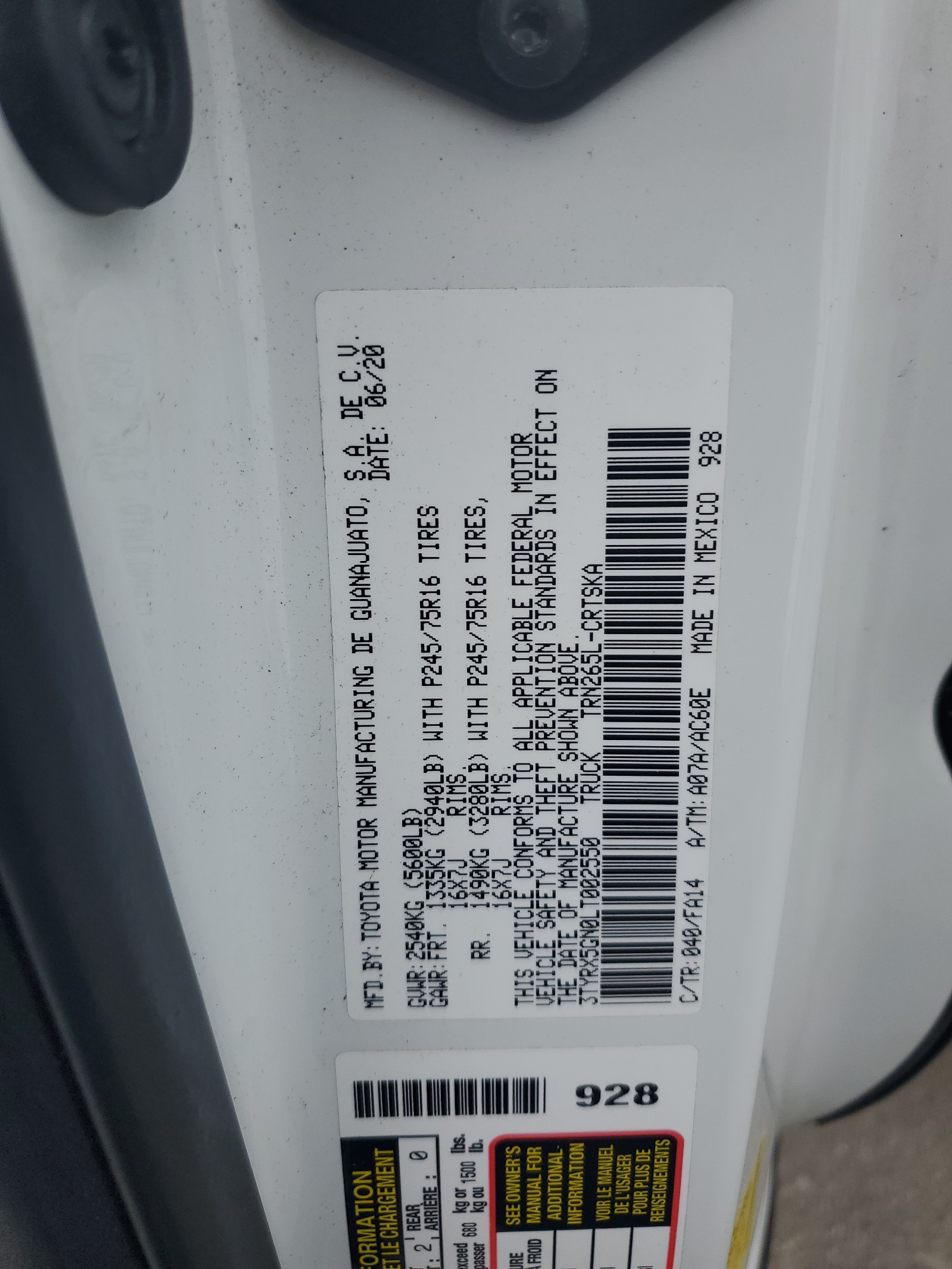 3TYRX5GN0LT002550 2020 Toyota Tacoma Access Cab