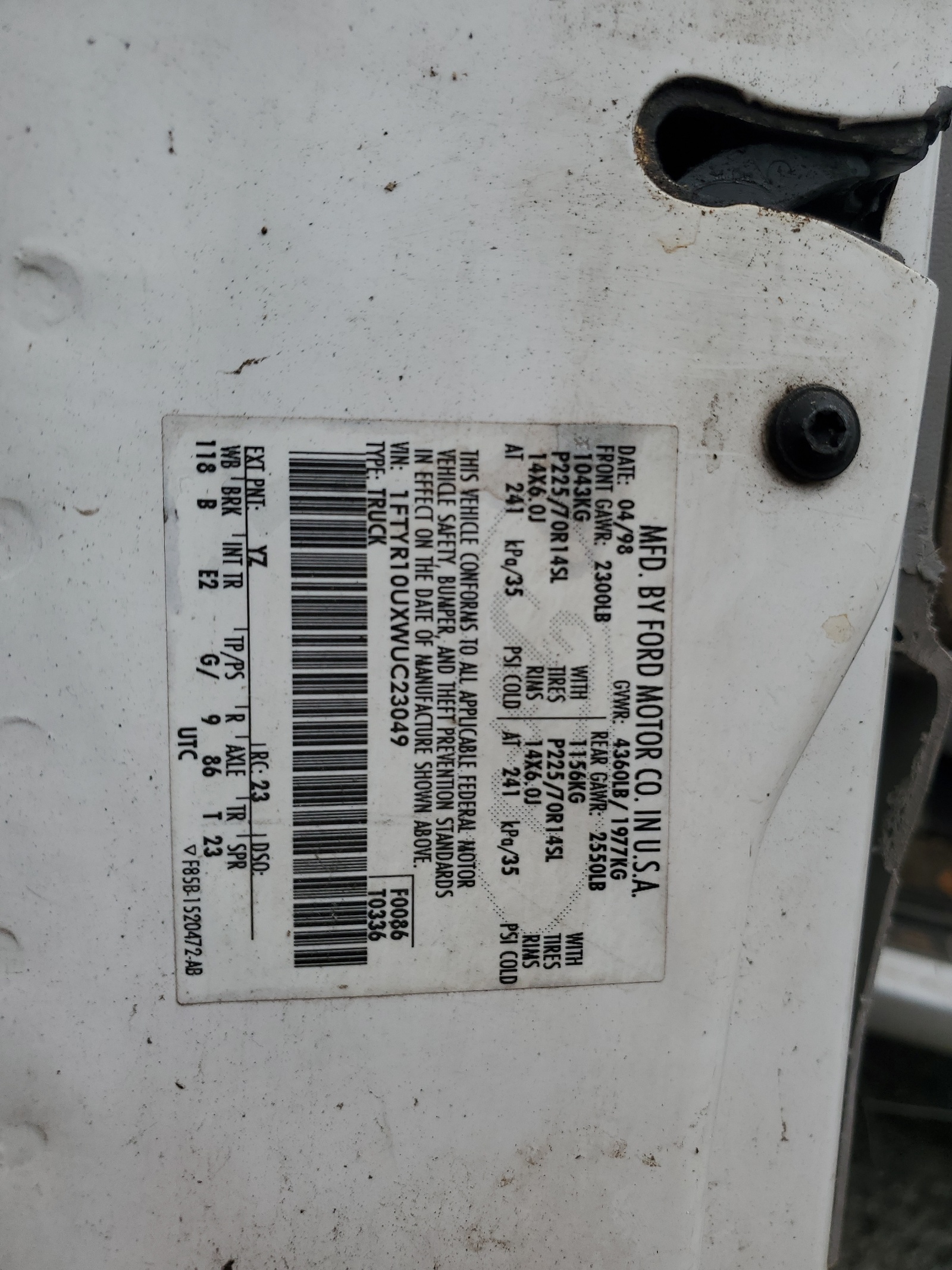 1FTYR10UXWUC23049 1998 Ford Ranger