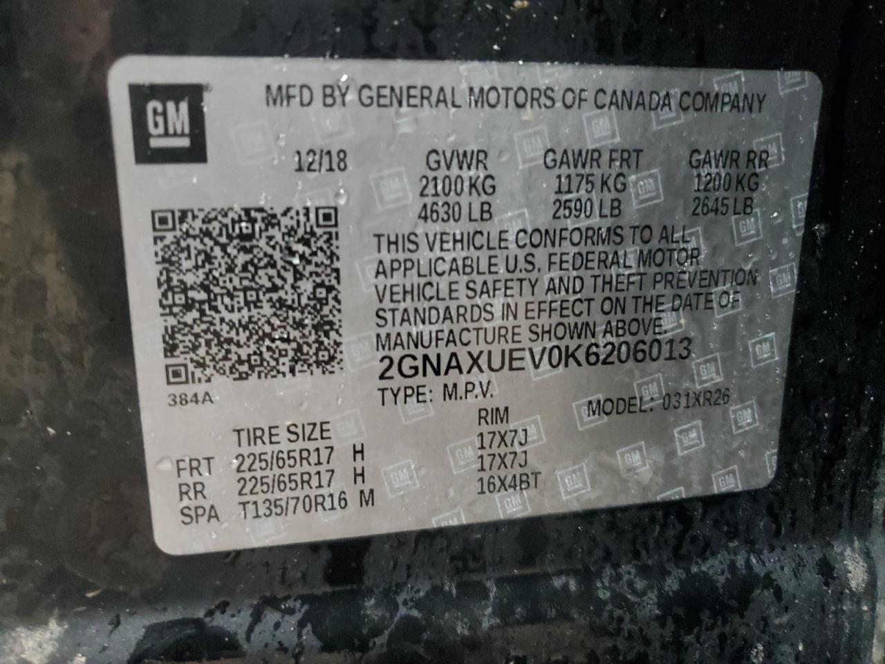 2019 Chevrolet Equinox Lt VIN: 2GNAXUEV0K6206013 Lot: 62689784