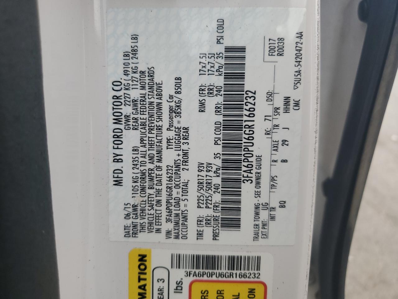 2016 Ford Fusion Se Phev VIN: 3FA6P0PU6GR166232 Lot: 63799644