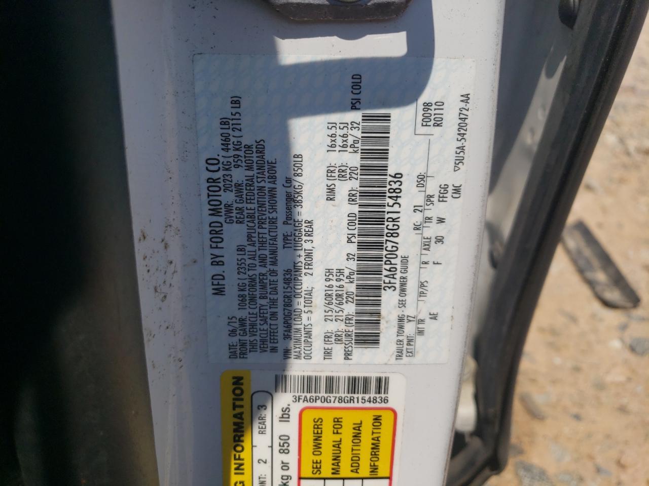 2016 Ford Fusion S VIN: 3FA6P0G78GR154836 Lot: 62834114