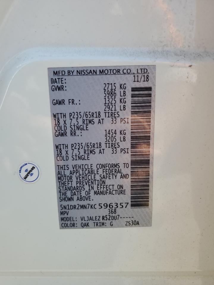 2019 Nissan Pathfinder S VIN: 5N1DR2MN7KC596357 Lot: 63236194