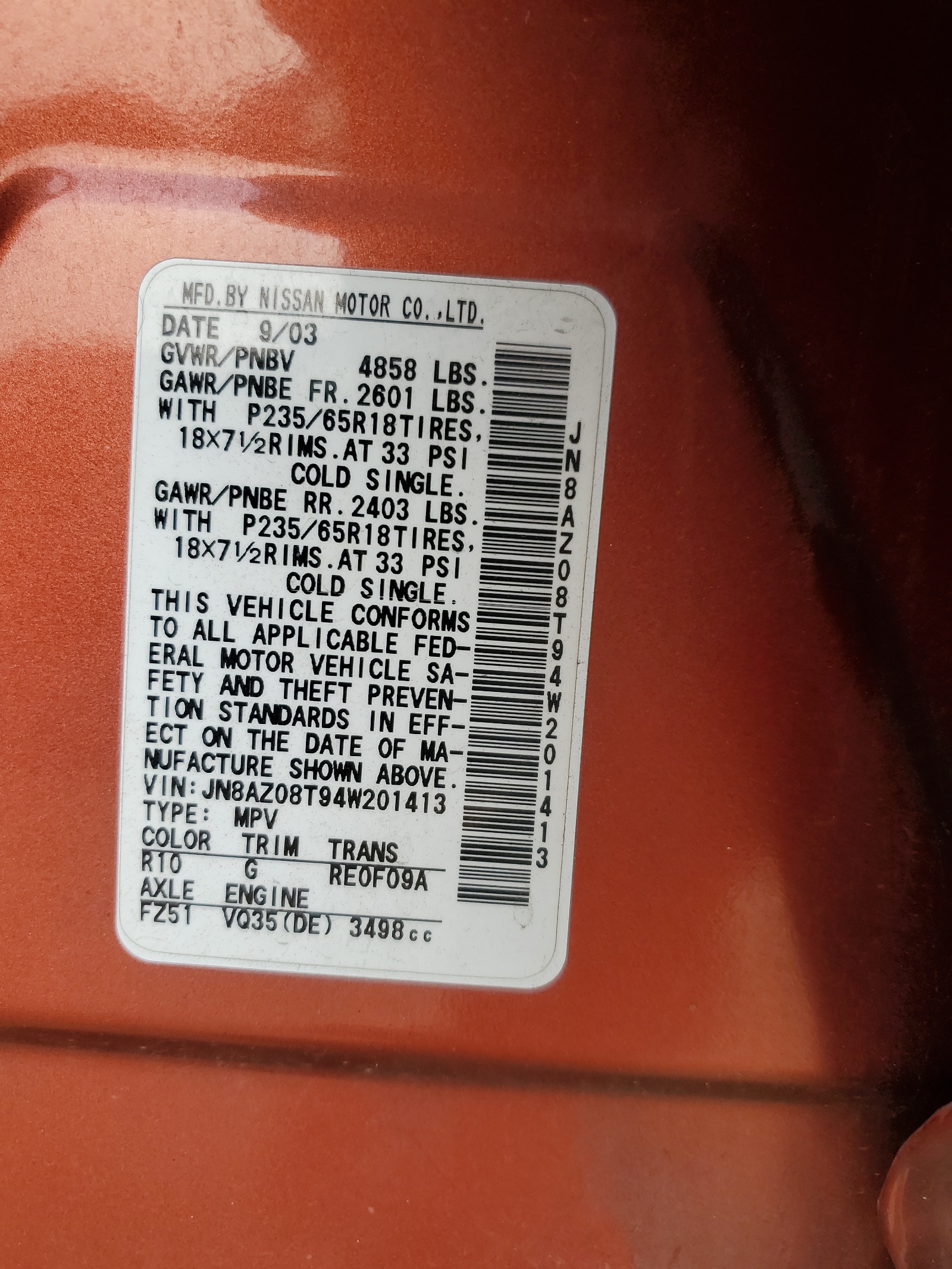 JN8AZ08T94W201413 2004 Nissan Murano Sl