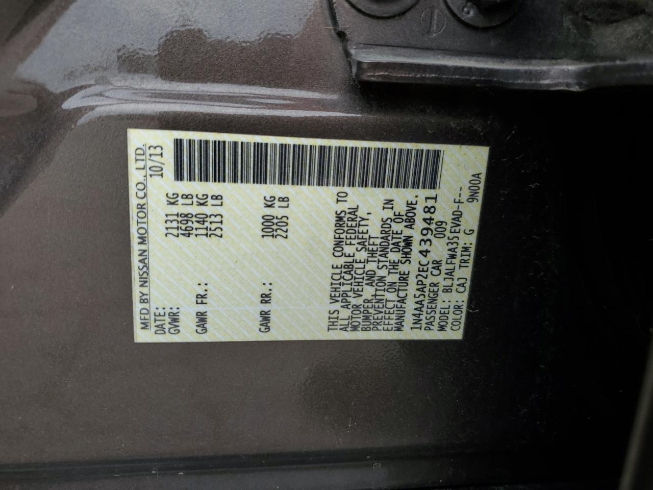 2014 Nissan Maxima S VIN: 1N4AA5AP2EC439481 Lot: 62001564