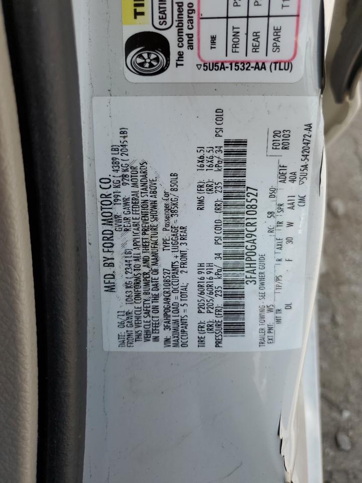 2012 Ford Fusion S VIN: 3FAHP0GA9CR108527 Lot: 63435884