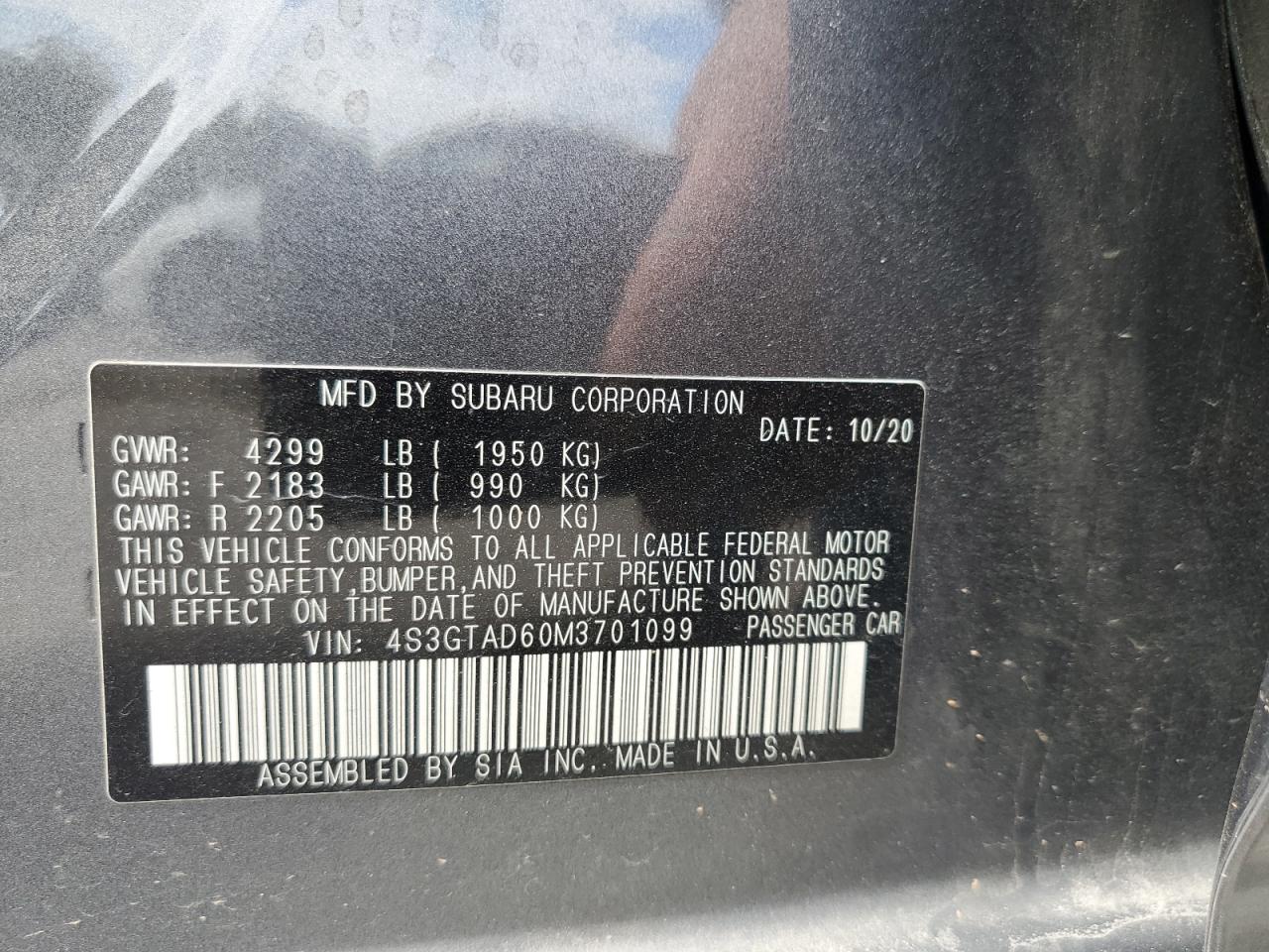 2021 Subaru Impreza Premium VIN: 4S3GTAD60M3701099 Lot: 62500574