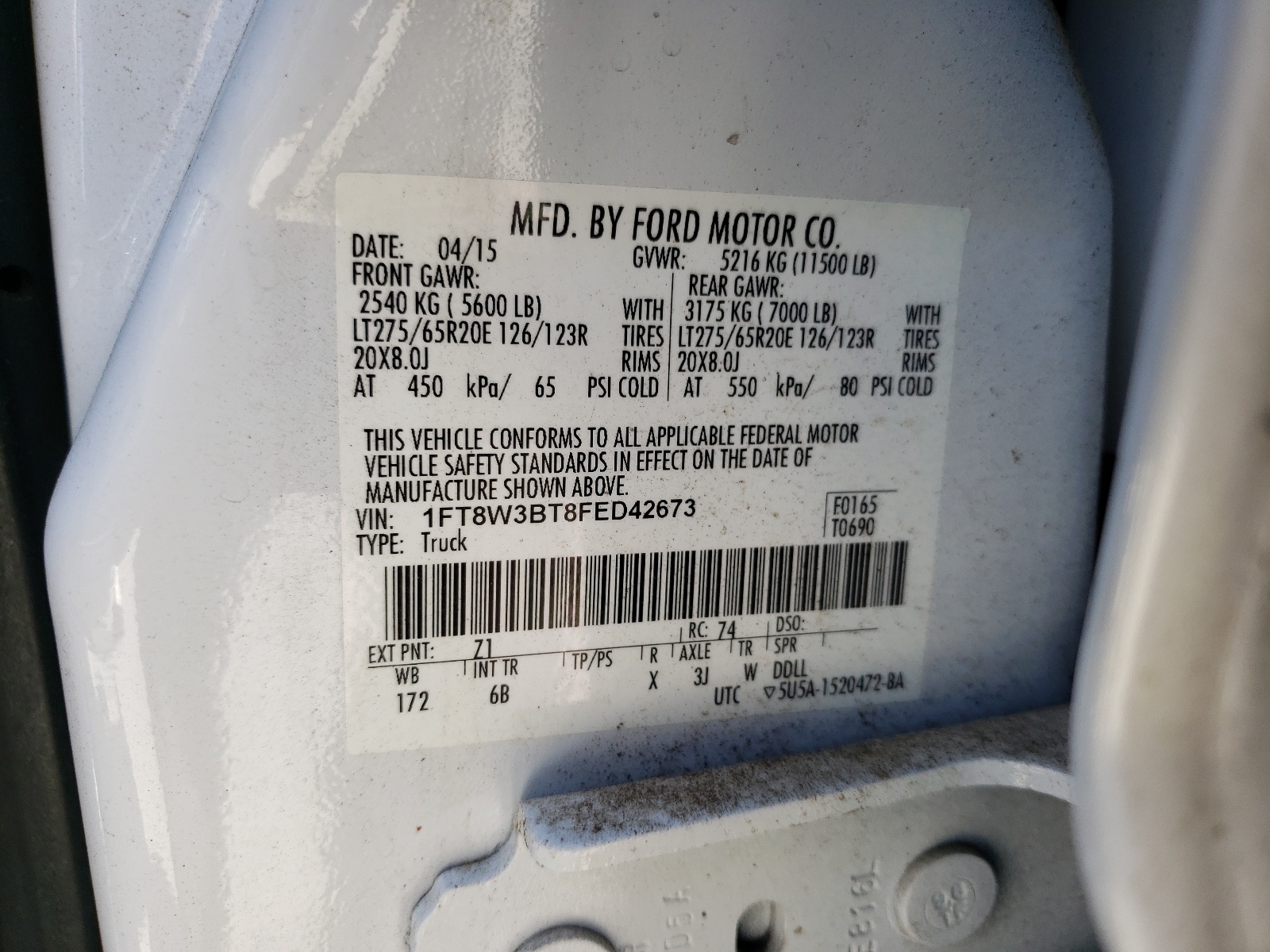 1FT8W3BT8FED42673 2015 Ford F350 Super Duty